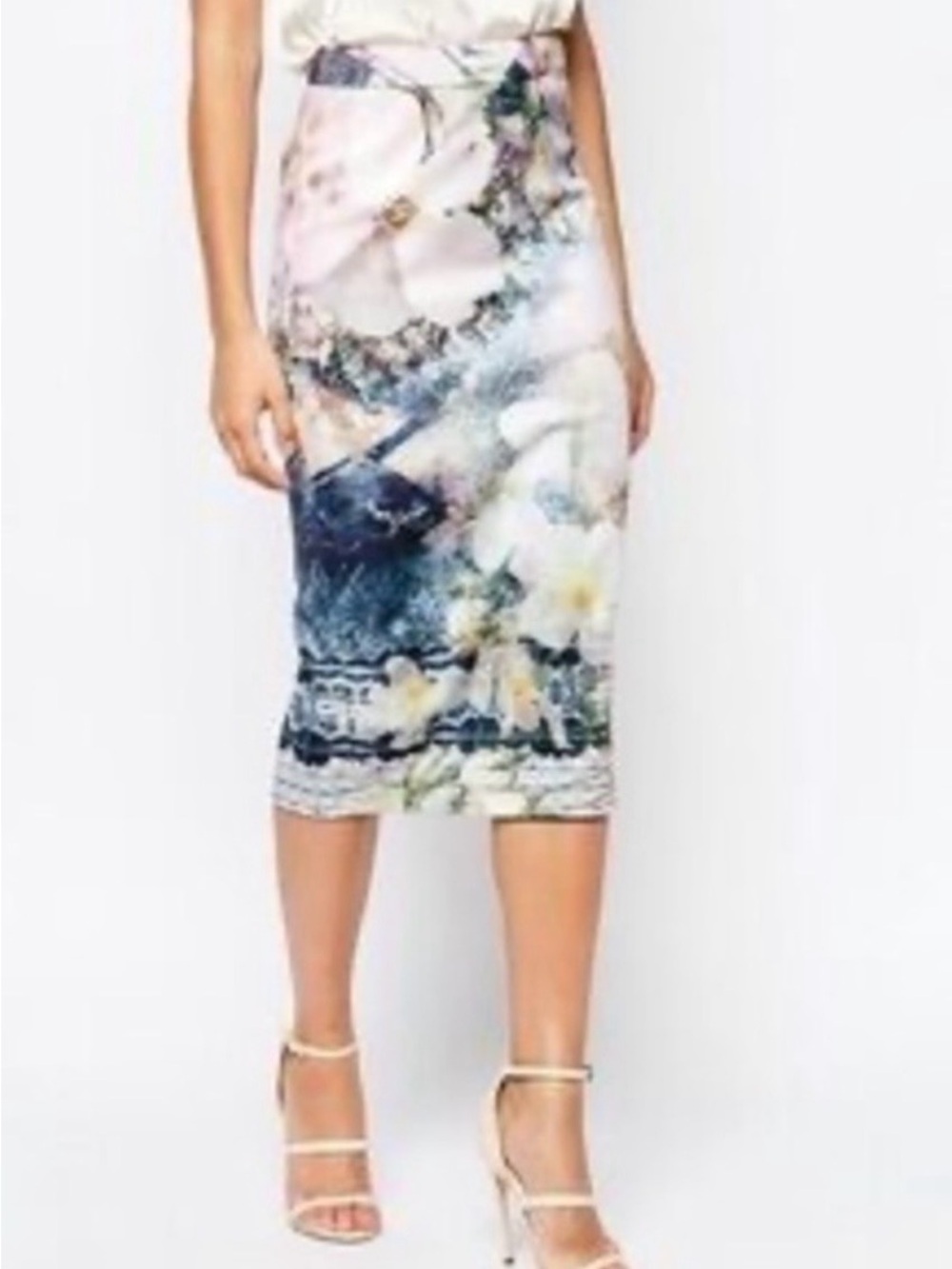 Ted Baker London White and Blue Floral Watercolor Midi Pencil Skirt